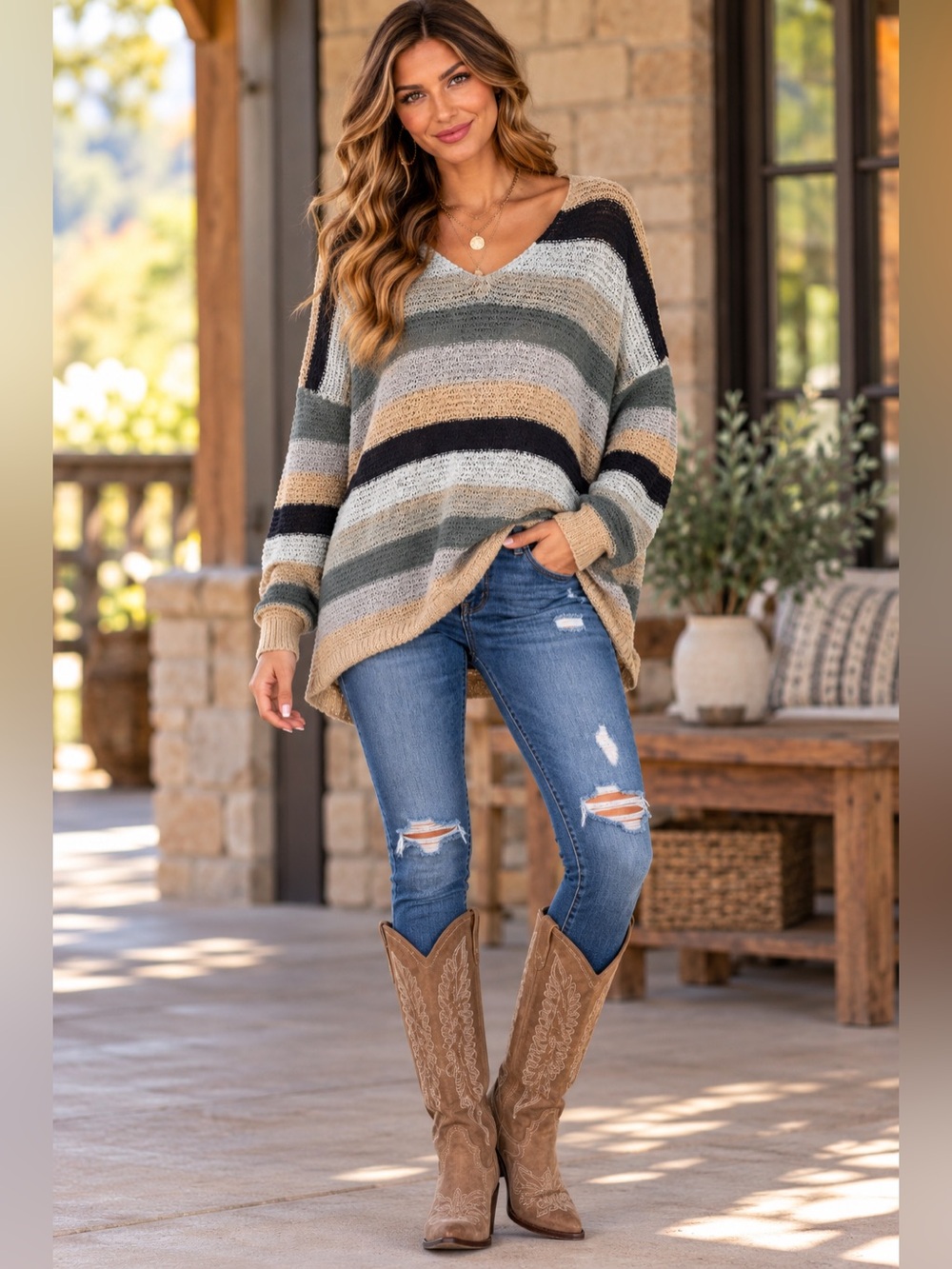Knox Rose XL Striped Open Knit Sweater Beige Black Gray Boho Oversized Pullover